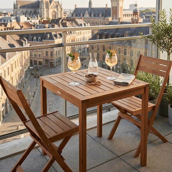 OVIALA - Table et 2 chaises pliantes en bois d'eucalyptus - Sete - large