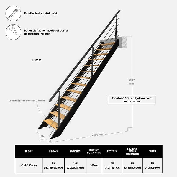 KORDO - Escalier bois droit noir avec garde-corps à LED intégrées, Diverso KORDO - large