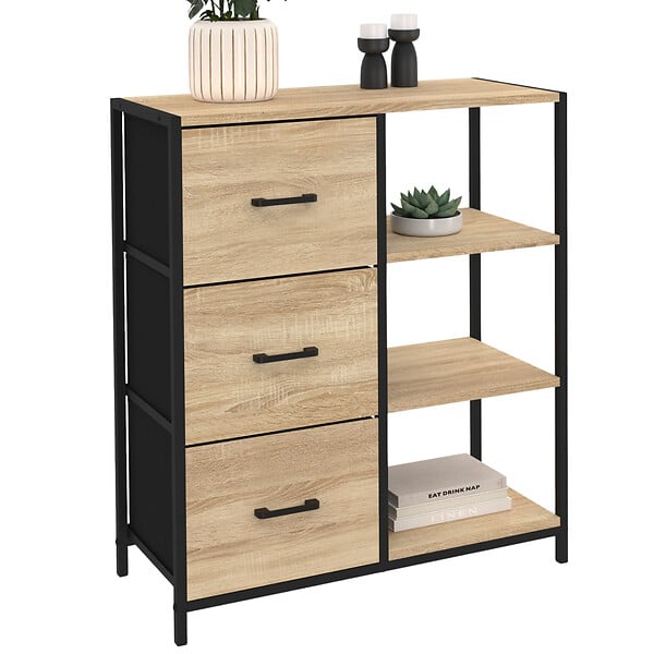ID MARKET - Buffet d'appoint 3 tiroirs et étagères 70 cm UTAH design industriel - large