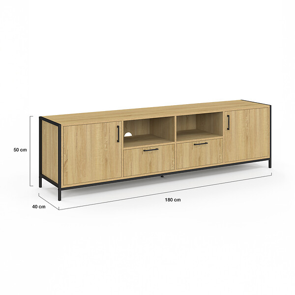 ID MARKET - Meuble TV 180 cm DETROIT 2 portes 2 tiroirs design industriel - large