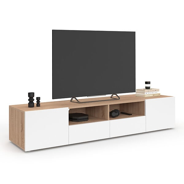 ID MARKET - Meuble TV 180 cm ELI bois façon hêtre portes blanches - large