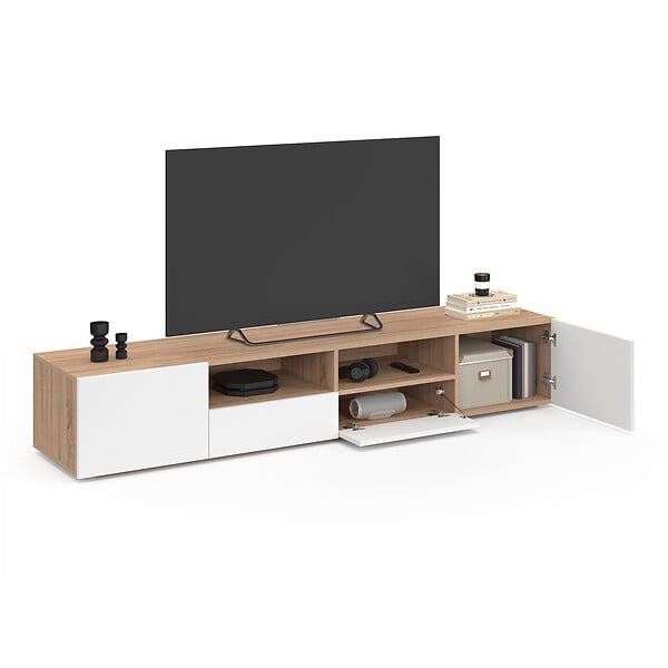 ID MARKET - Meuble TV 180 cm ELI bois façon hêtre portes blanches - large