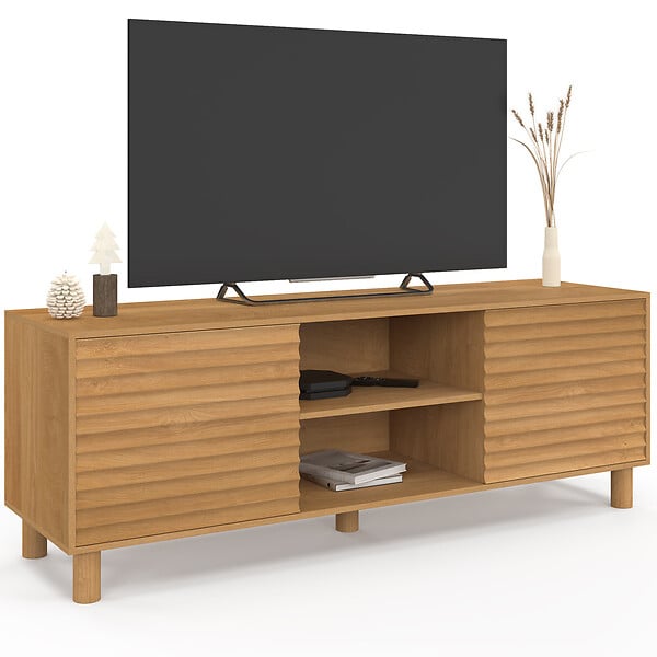 ID MARKET - Meuble TV 140 cm JULIE 2 portes lattes tasseau bois coloris chêne - large