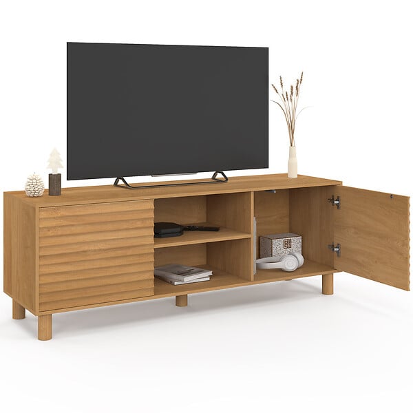 ID MARKET - Meuble TV 140 cm JULIE 2 portes lattes tasseau bois coloris chêne - large