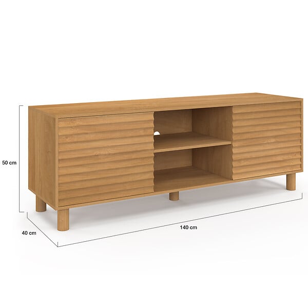 ID MARKET - Meuble TV 140 cm JULIE 2 portes lattes tasseau bois coloris chêne - large