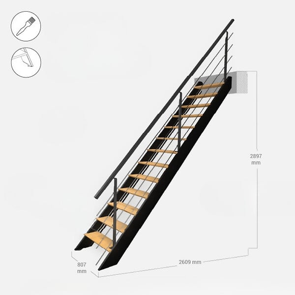 KORDO - Escalier bois droit noir avec garde-corps à LED intégrées, Diverso KORDO - large