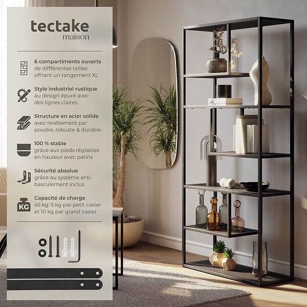 TECTAKE - Étagère VENDA avec 6 compartiments, look industriel 85x35x188cm noir - large