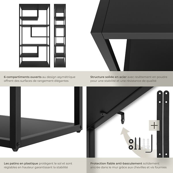TECTAKE - Étagère VENDA avec 6 compartiments, look industriel 85x35x188cm noir - large