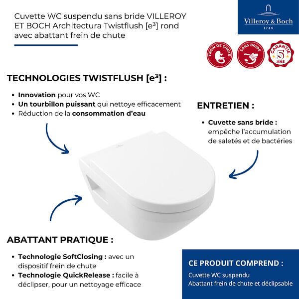 VILLEROY & BOCH - Combipack WC, modèle suspendu - Architectura - Blanc - large