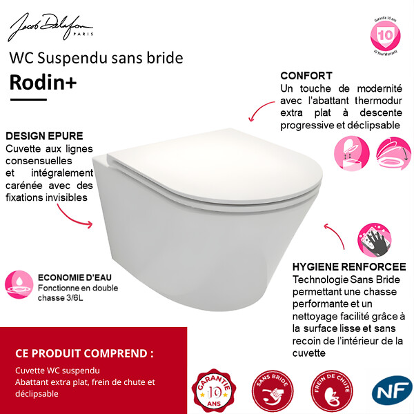 JACOB DELAFON - Cuvette WC suspendu sans bride Rodin+ avec abattant - large