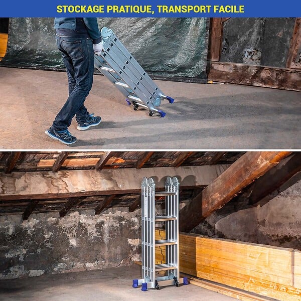 HOSTRÃ–M - Echelle pliante articulée STAVALANCE 4x4 marches, echafaudage multifonction, ecarteur de mur, escabeau, 2 plaques plateforme de travail, Hostrom - large