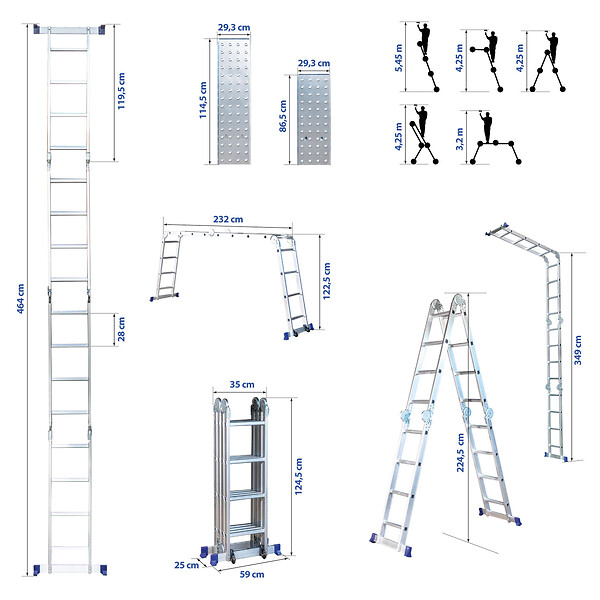 HOSTRÃ–M - Echelle pliante articulée STAVALANCE 4x4 marches, echafaudage multifonction, ecarteur de mur, escabeau, 2 plaques plateforme de travail, Hostrom - large