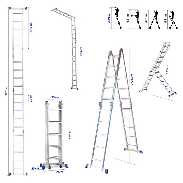 HOSTRÃ–M - Echelle pliante articulée STAVALANCE4x5, 5,7m, 20 marches, multifonction, ecarteur de mur, escabeau, aluminium, H travail max 6,29m, Hostrom - large