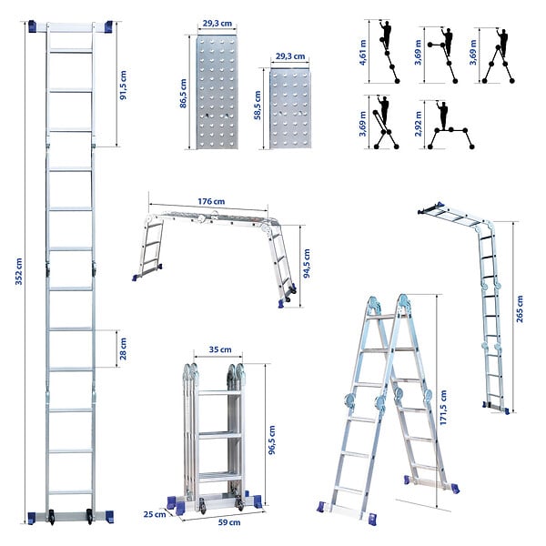 HOSTRÃ–M - Echelle pliante articulée STAVALANCE 4x3 marches, echafaudage multifonction, ecarteur de mur, escabeau, 2 plaques plateforme de travail, Hostrom - large