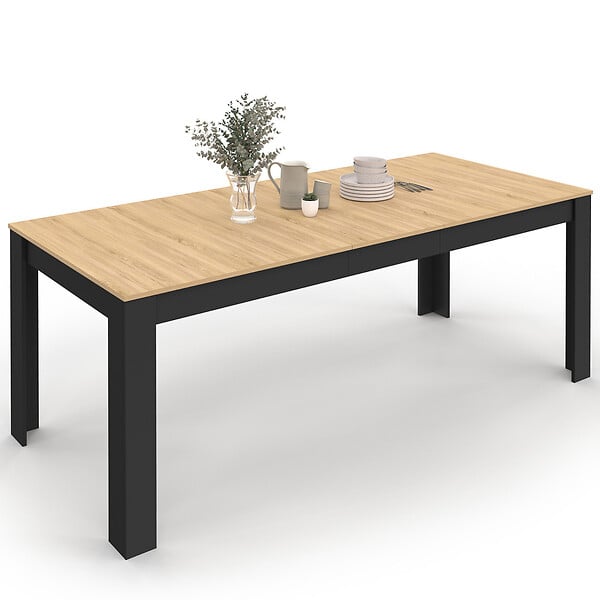 ID MARKET - Table à manger extensible rectangle ROZY 6-10 personnes noire plateau façon hêtre 160-200 cm - large