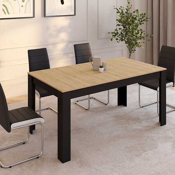 ID MARKET - Table à manger extensible rectangle ROZY 6-10 personnes noire plateau façon hêtre 160-200 cm - large