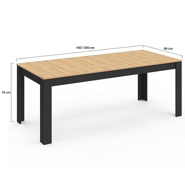 ID MARKET - Table à manger extensible rectangle ROZY 6-10 personnes noire plateau façon hêtre 160-200 cm - large