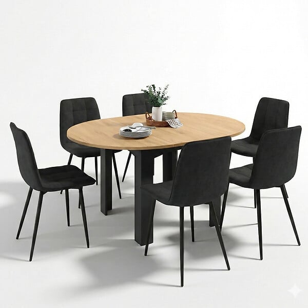 ID MARKET - Ensemble table à manger extensible ronde DONA noire plateau façon hêtre 110 - 150 cm et 6 chaises MILA velours noir - large