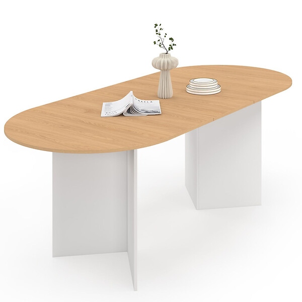 ID MARKET - Table à manger extensible ovale MARTHE 6 -10 personnes bois façon hêtre et blanc 160-200 cm - large