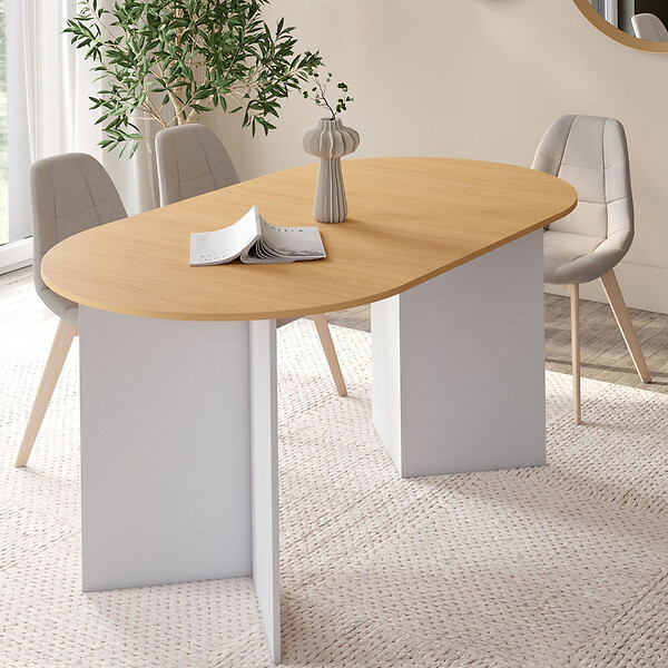 ID MARKET - Table à manger extensible ovale MARTHE 6 -10 personnes bois façon hêtre et blanc 160-200 cm - large