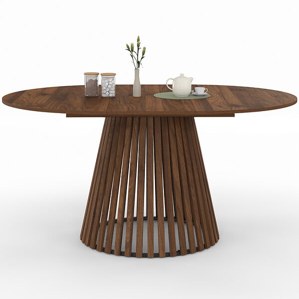 ID MARKET - Table à manger extensible ronde CARMEN 4-8 personnes pied noyer en lattes et plateau noyer 110 - 150 cm - large