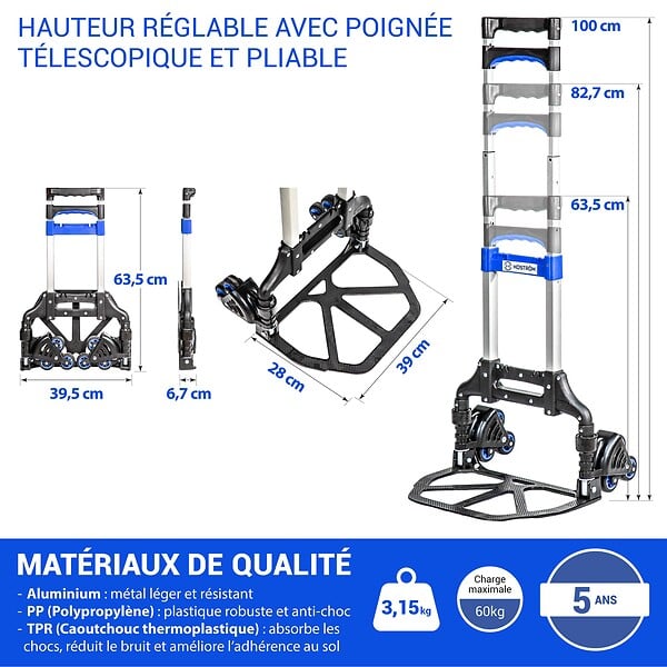HOSTRÃ–M - Diable pliant escalier en Aluminium, 3 Roues Diable pliable Demenagement et Transport de matériau, compact, Charge Max. 60kg, Garantie 5 ans, Hostrom - large