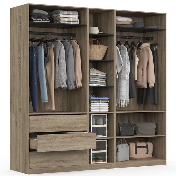 ID MARKET - Dressing modulable TAYLOR 200 x 55 x 200 cm 3 modules avec penderies + étagères + tiroirs hêtre et noir - large