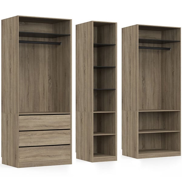 ID MARKET - Dressing modulable TAYLOR 200 x 55 x 200 cm 3 modules avec penderies + étagères + tiroirs hêtre et noir - large