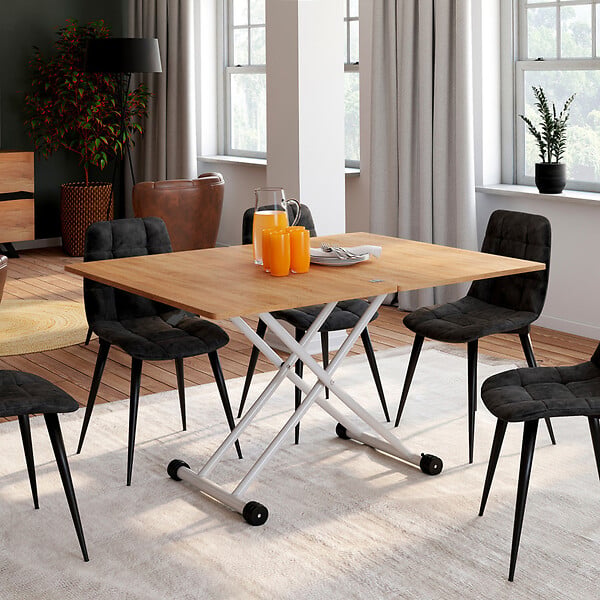 ID MARKET - Table basse 2 en 1 relevable en table à manger rectangulaire URBANA 100 cm bois et blanc - large