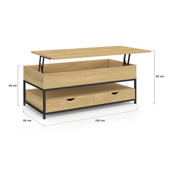 ID MARKET - Table basse plateau relevable rectangulaire DETROIT avec 2 tiroirs design industriel - large