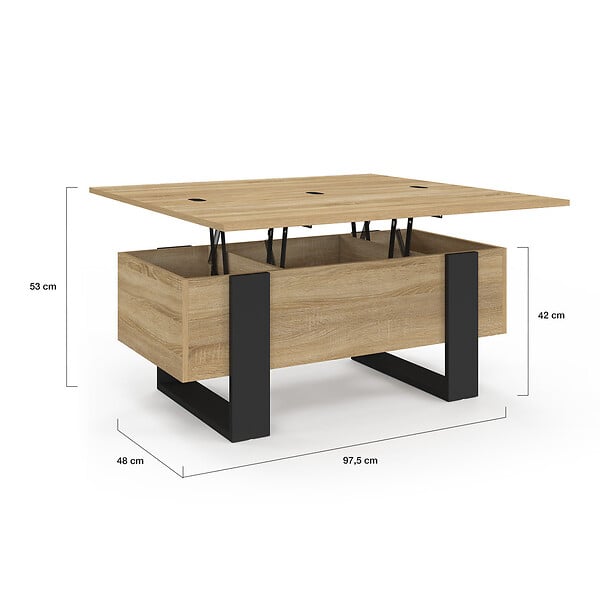ID MARKET - Table basse plateau relevable rectangulaire convertible en table à manger PHOENIX 97,5 cm bois et noir - large
