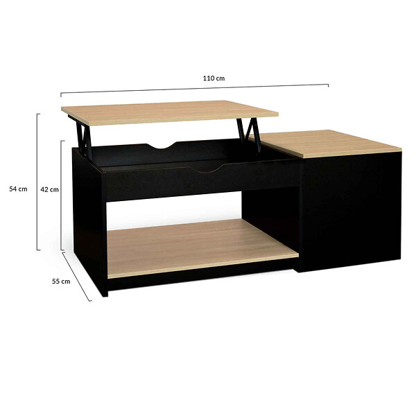 ID MARKET - Table basse 2 plateaux relevables rectangulaire ELEA avec coffre bois noir et façon hêtre - large