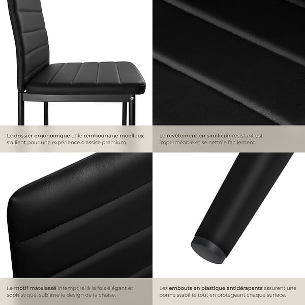 TECTAKE - Ensemble de 6 chaises de salle à manger rembourrées aspect cuir noir - large