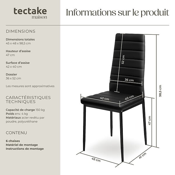 TECTAKE - Ensemble de 6 chaises de salle à manger rembourrées aspect cuir noir - large