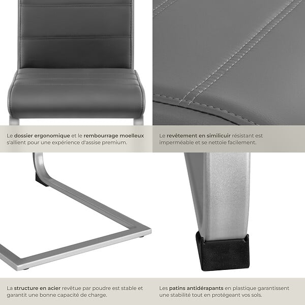 TECTAKE - Ensemble 4 chaises de salle à manger aspect cuir ergonomique gris - large