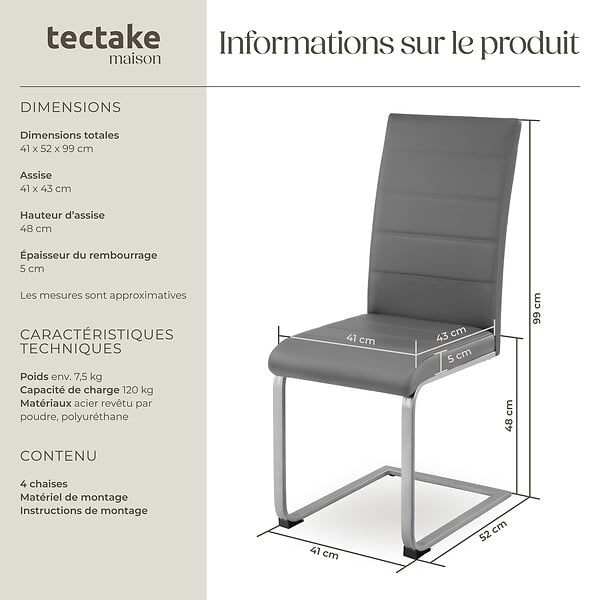 TECTAKE - Ensemble 4 chaises de salle à manger aspect cuir ergonomique gris - large