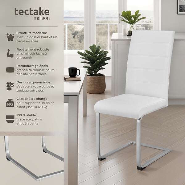 TECTAKE - Ensemble 4 chaises ergonomiques de salle à manger aspect cuir blanc - large