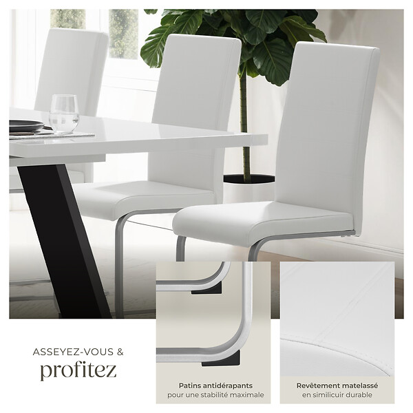 TECTAKE - Ensemble 4 chaises ergonomiques de salle à manger aspect cuir blanc - large