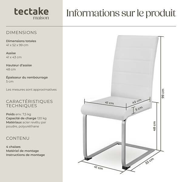 TECTAKE - Ensemble 4 chaises ergonomiques de salle à manger aspect cuir blanc - large