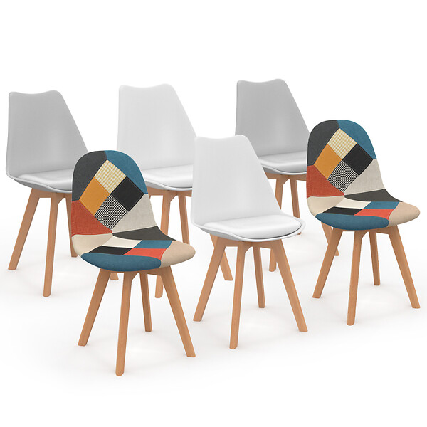 ID MARKET - Lot de 6 chaises scandinaves SARA blanc x2, gris clair x2 et patchworks multi-couleurs - large