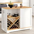 ID MARKET - Table de bar îlot VITO 113 cm avec range-bouteilles bois blanc et plateau façon hêtre - vignette
