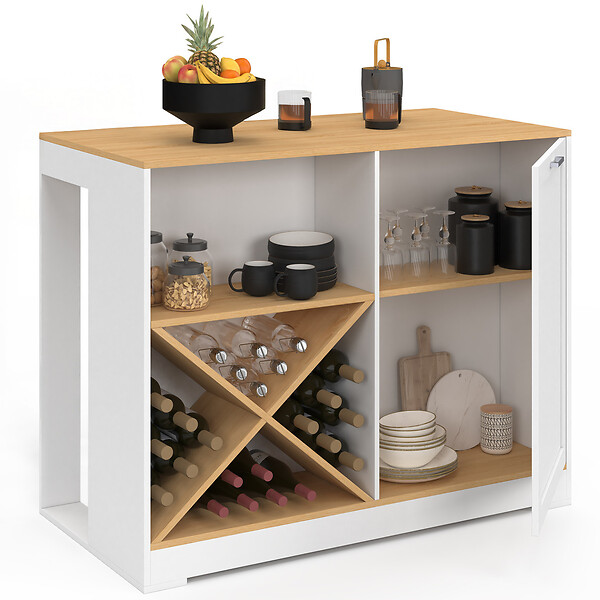 ID MARKET - Table de bar îlot VITO 113 cm avec range-bouteilles bois blanc et plateau façon hêtre - large