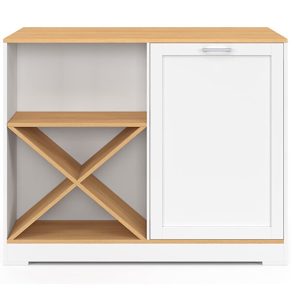 ID MARKET - Table de bar îlot VITO 113 cm avec range-bouteilles bois blanc et plateau façon hêtre - large