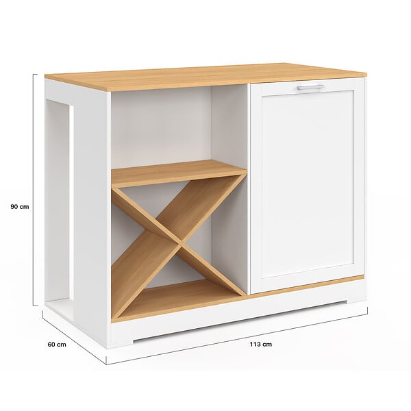 ID MARKET - Table de bar îlot VITO 113 cm avec range-bouteilles bois blanc et plateau façon hêtre - large
