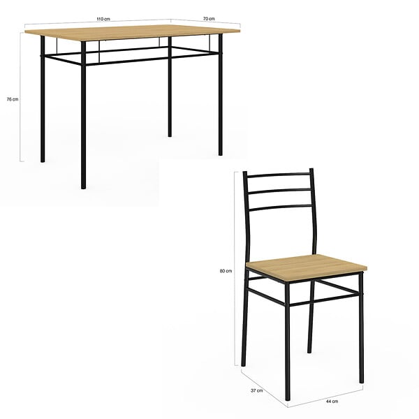 ID MARKET - Ensemble table ANGIE 4 personnes + 4 chaises bois et métal noir - large