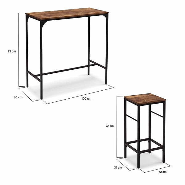 ID MARKET - Ensemble table haute de bar DAYTON 100 cm et 4 chaises de bar effet vieilli design industriel - large