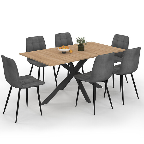 ID MARKET - Ensemble table à manger rectangle ALIX 160 cm bois et noir et 6 chaises MILA en velours gris foncé - large