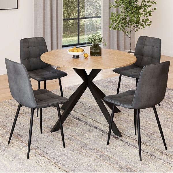ID MARKET - Ensemble table à manger ronde extensible ALIX 110 - 150 cm et 4 chaises MILA en velours gris foncé - large
