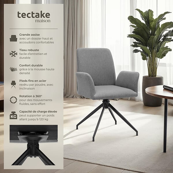 TECTAKE - Lot 2 fauteuils pivotants 360° rembourrés tissu robuste anthracite - large