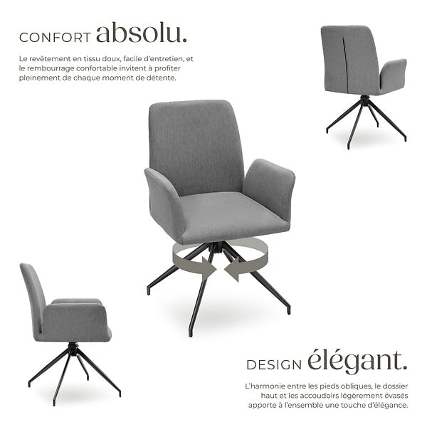 TECTAKE - Lot 2 fauteuils pivotants 360° rembourrés tissu robuste anthracite - large